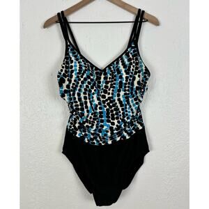 Miraclesuit Black/ Blue Dot V-Neck Double Strap One Piece Swimsuit Size 16